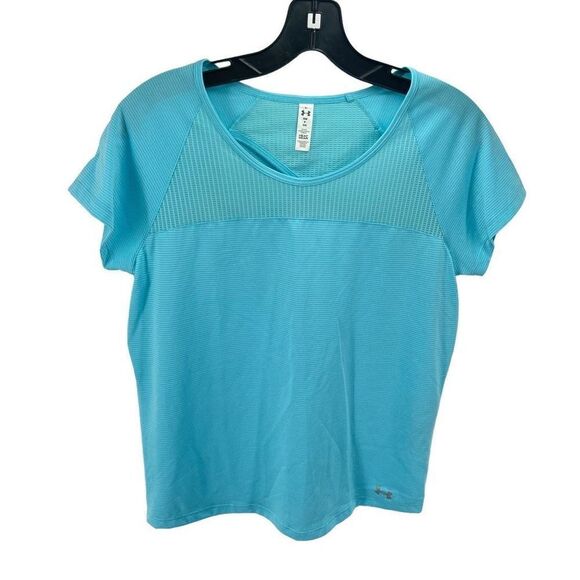 Under Armour Womens Active Shirt Short Sleeve Cutout Back Stretch Blue Small - Picture 1 of 8